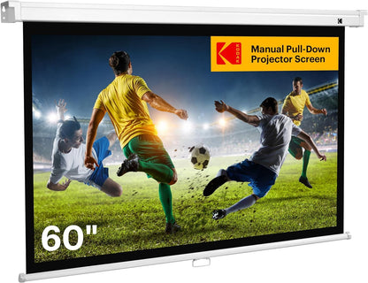 KODAK Manual Pull-Down White Projector Screen 60" Inch | Large 16:9 Office, Home Movie Theater Screen with Wall & Ceiling Mount Options, Easy-Clean Matte Fabric & Retractable Hanging Design | Indoor.