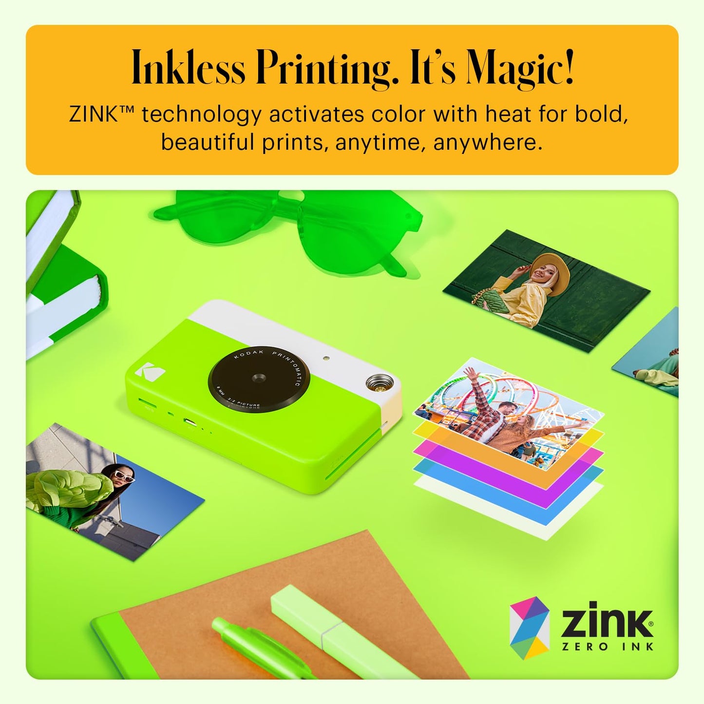 KODAK Printomatic Full-Color Instant Print Digital Camera - Colorful Photos On Zink 2x3" Sticky-Back Photo Paper - 5MP, Portable, Creative Fun Gift for Birthday, Christmas, Holiday - Green