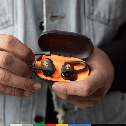 Skullcandy Push Play Active Wireless Earbuds, Bluetooth Headphones, Noise Isolating, 34 Hrs Battery, Secure-Fit Over-Ear Hanger, Sweat Water Resistant, Microphone for iPhone Android - Black/Orange