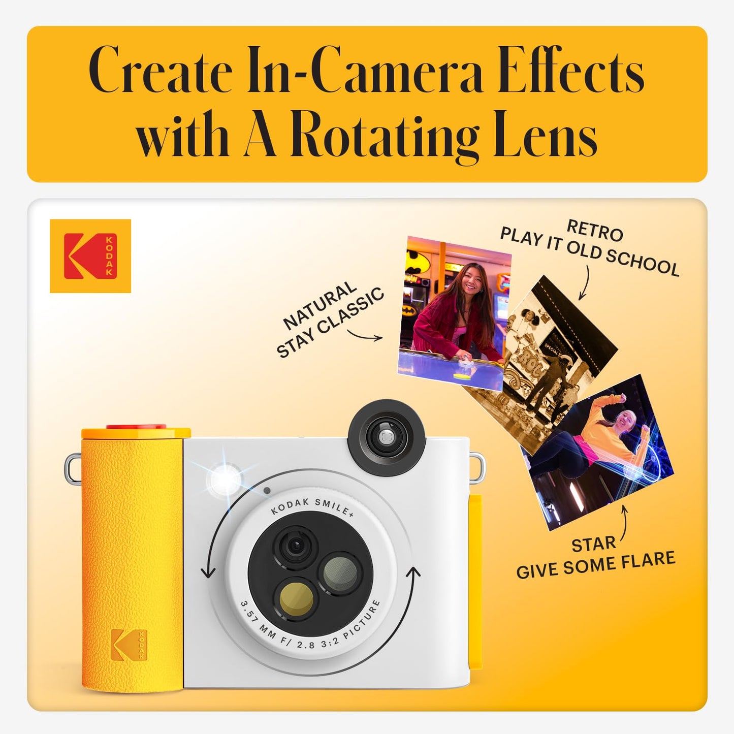 KODAK Smile+ 2-in-1 Digital Instant Print Camera & Wireless Bluetooth Photo Printer - 10MP, Special-Effect Rotating Lens, Zink 2x3” Sticky-Back Photos, Print via Fun App from Smart Devices - White