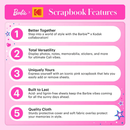 KODAK x Barbie Pink 8x8” Cloth Covered Scrapbook Photo Album with Front Picture Window for Barbie Instant 2x3” ZINK Zero Ink Photo Paper Projects