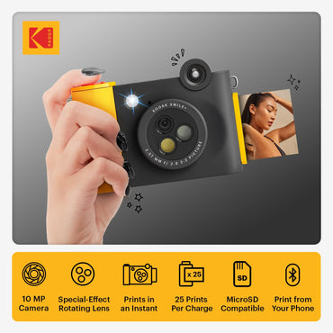KODAK Smile+ 2-in-1 Digital Instant Print Camera & Wireless Bluetooth Photo Printer - 10MP, Special-Effect Rotating Lens, Zink 2x3” Sticky-Back Photos, Print via Fun App from Smart Devices - Black