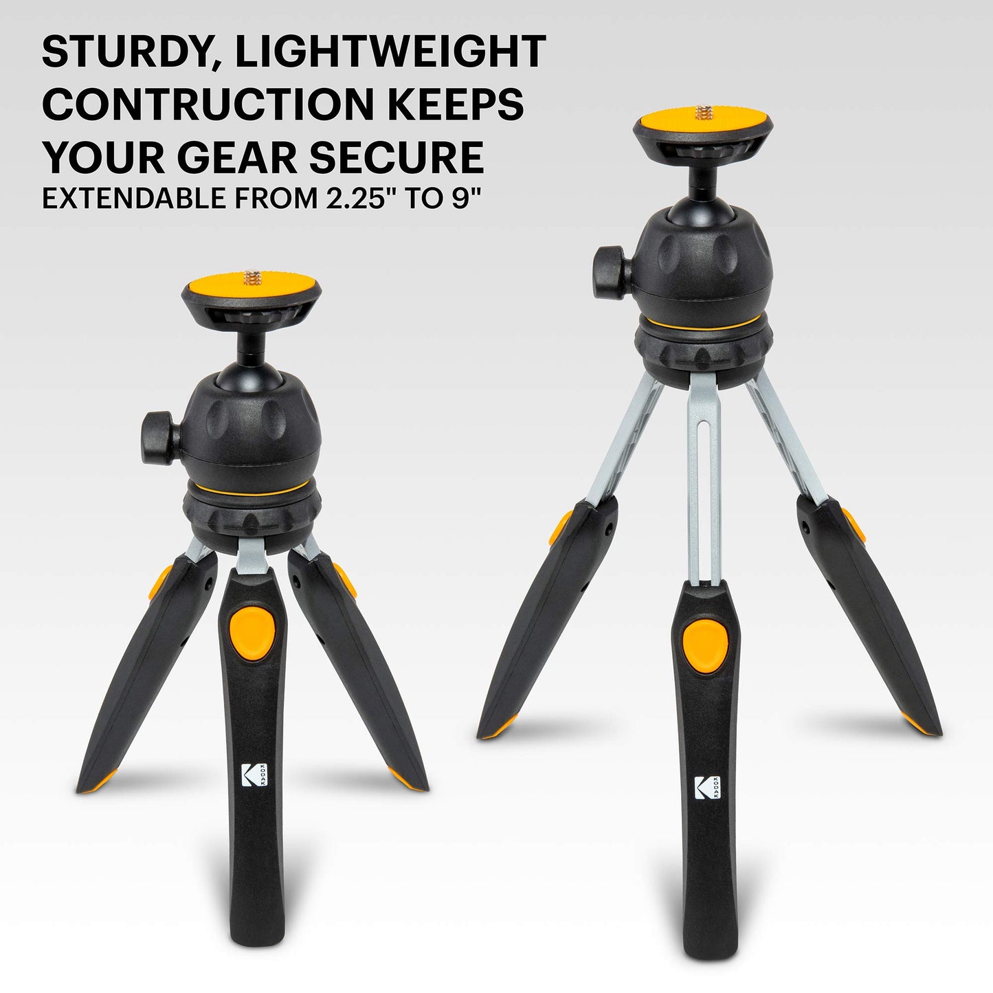 Kodak Mini Tripod for Luma 75, Luma 150, Luma 350 with 360° Ball Head, Adjustable Compact 9” Tabletop Tripod, 5-Position Legs, Rubber Feet, Smartphone & Action Camera Adapters Included