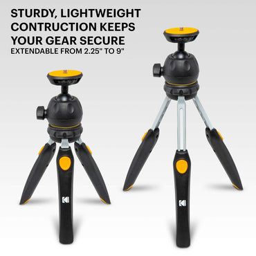 Kodak Mini Tripod for Luma 75, Luma 150, Luma 350 with 360° Ball Head, Adjustable Compact 9” Tabletop Tripod, 5-Position Legs, Rubber Feet, Smartphone & Action Camera Adapters Included