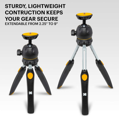 Kodak Mini Tripod for Luma 75, Luma 150, Luma 350 with 360° Ball Head, Adjustable Compact 9” Tabletop Tripod, 5-Position Legs, Rubber Feet, Smartphone & Action Camera Adapters Included