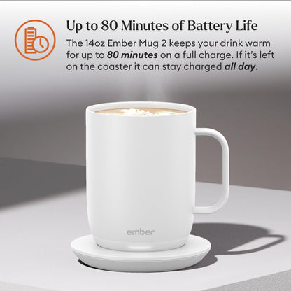 Ember Temperature Control Smart Mug 2, 14 Oz, App-Controlled Heated Coffee Mug with 80 Min Battery Life and Improved Design, White (Renewed)