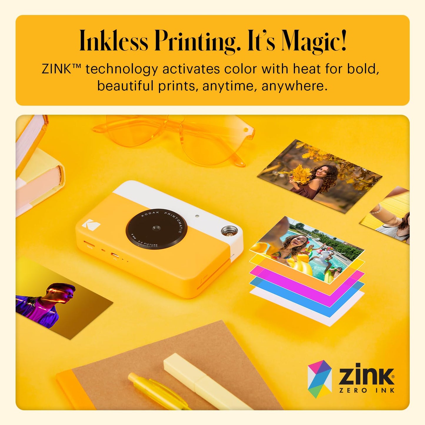 KODAK Printomatic Full-Color Instant Print Digital Camera - Colorful Photos On Zink 2x3" Sticky-Back Photo Paper - 5MP, Portable, Creative Fun Gift for Birthday, Christmas, Holiday - Yellow