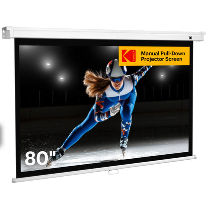 KODAK Manual Pull-Down White Projector Screen 80" Inch | Large 16:9 Office, Home Movie Theater Screen with Wall & Ceiling Mount Options, Easy-Clean Matte Fabric & Retractable Hanging Design | Indoor.