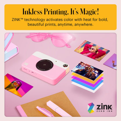 KODAK Printomatic Full-Color Instant Print Digital Camera - Colorful Photos On Zink 2x3" Sticky-Back Photo Paper - 5MP, Portable, Creative Fun Gift for Birthday, Christmas, Holiday - Pink