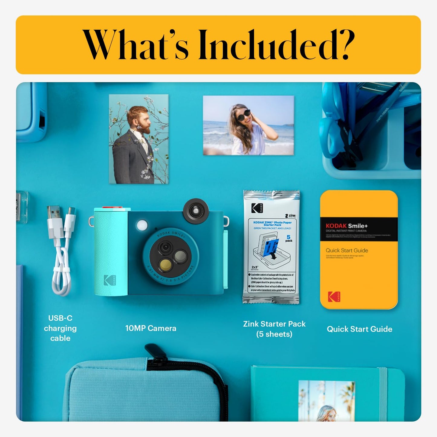 KODAK Smile+ 2-in-1 Digital Instant Print Camera & Wireless Bluetooth Photo Printer - 10MP, Special-Effect Rotating Lens, Zink 2x3” Sticky-Back Photos, Print via Fun App from Smart Devices - Blue