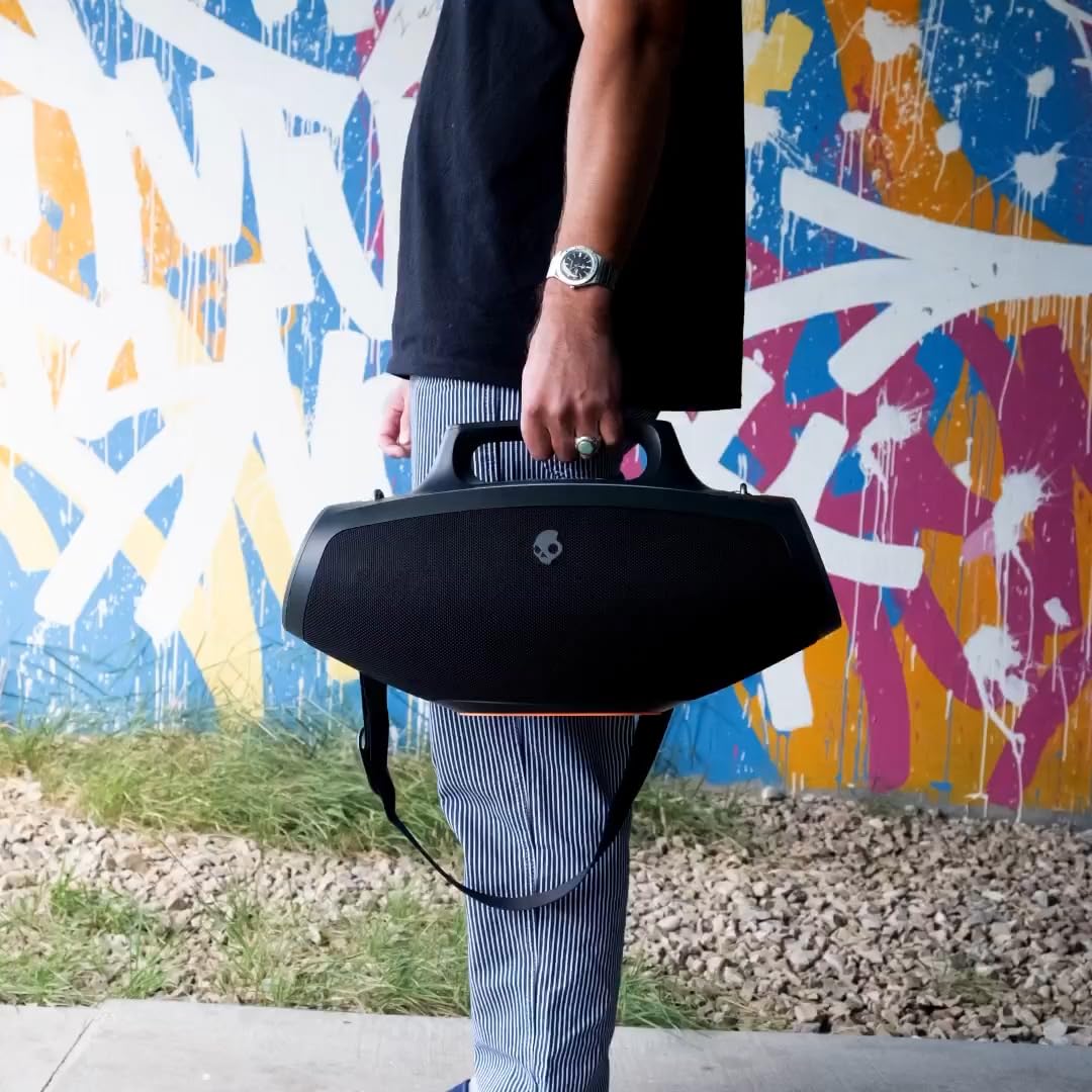 Skullcandy Barrel Bluetooth Boombox Speaker - Water-Resistant Wireless Portable Speaker, with LED Lightshow Mode, 12 Hour Battery, Multi-Link, & USB-C & USB-A Output Charging (Black)