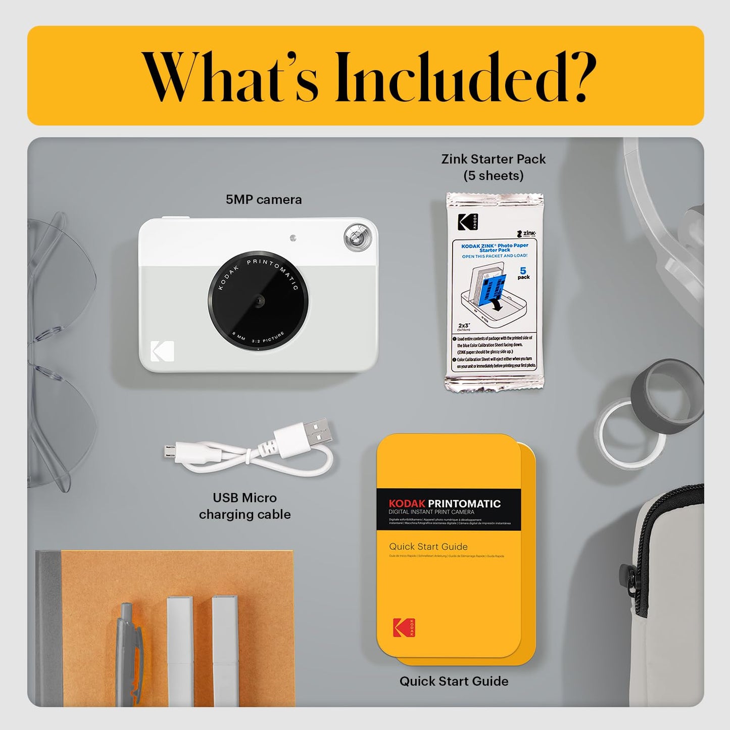 KODAK Printomatic Full-Color Instant Print Digital Camera - Colorful Photos On Zink 2x3" Sticky-Back Photo Paper - 5MP, Portable, Creative Fun Gift for Birthday, Christmas, Holiday - Grey