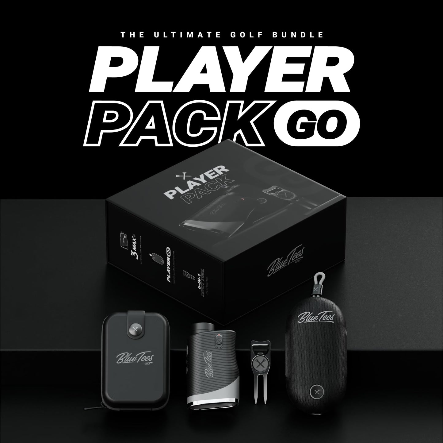 Blue Tees Golf Player Pack GO Bundle - Series 3 Max+ Rangefinder with Premium Case, The Player GO GPS Equipped Magnetic Speaker & Premium 6-in-1 Utility Divot Tool - The Complete Golf Bundle