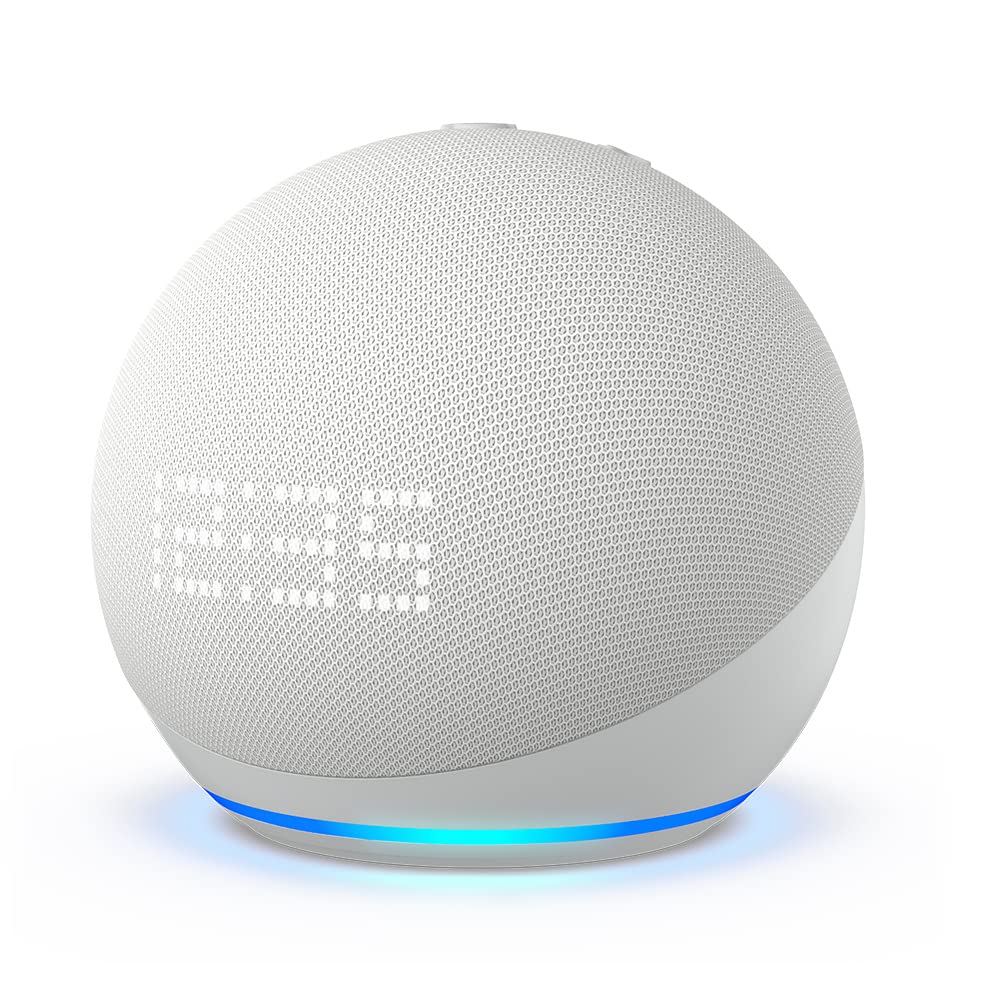 Echo Dot (5th Gen, 2022 release) with clock | International Version with US Power Adaptor | Smart speaker with clock and Alexa | Glacier White