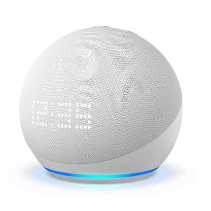 Echo Dot (5th Gen, 2022 release) with clock | International Version with US Power Adaptor | Smart speaker with clock and Alexa | Glacier White