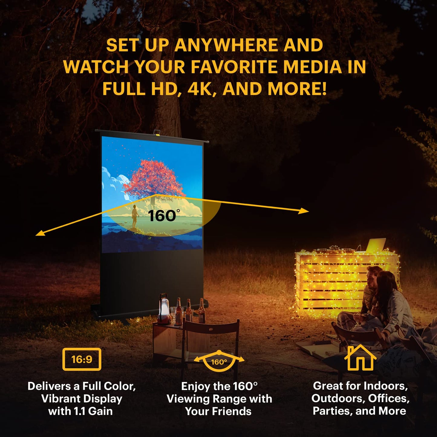 KODAK Portable Projector Screen | 60” Indoor & Outdoor 16:9 Video Projection Surface & Stand with Carry Handle | 1080p, 4K/8K UHD, 3D & HDR Ready | Fast Setup for Movies, Office Presentations & More