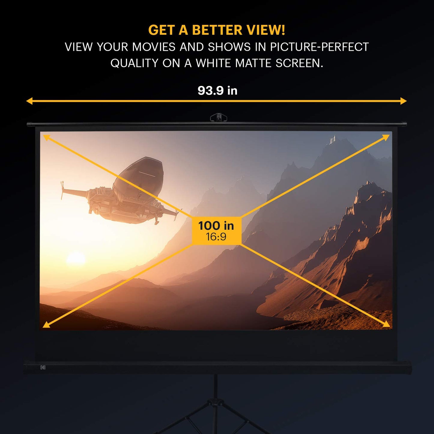 KODAK 100” Projection Screen | Portable Lightweight White 16:9 Projector Screen, Adjustable Tripod Stand & Storage Carry Bag | Adjustable Height & Easy Assembly for Home, Office, School & Church