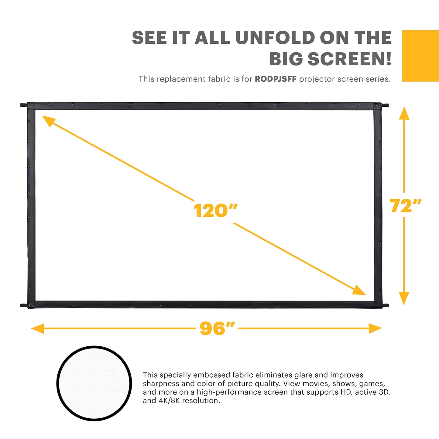 KODAK 120” Replacement Projector Screen | Fast Fold High Contrast White Projection Backdrop for Outdoor & Indoor Movies in Front Projection | Easy Clean Glare Proof, Wrinkle Free Fabric