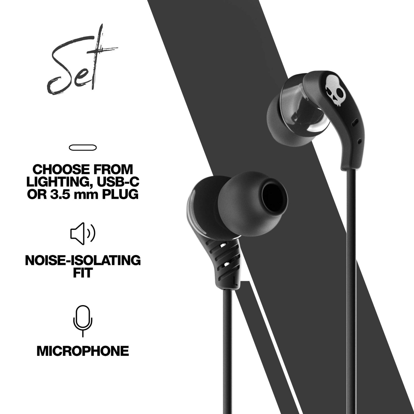 Skullcandy Set USB-C Wired Earbuds with Noise Isolating Fit, Built-in Microphone Call and Track Control for iPhone Android, Ear Gel Sizes Included for Custom Fit - True Black