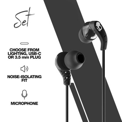 Skullcandy Set USB-C Wired Earbuds with Noise Isolating Fit, Built-in Microphone Call and Track Control for iPhone Android, Ear Gel Sizes Included for Custom Fit - True Black