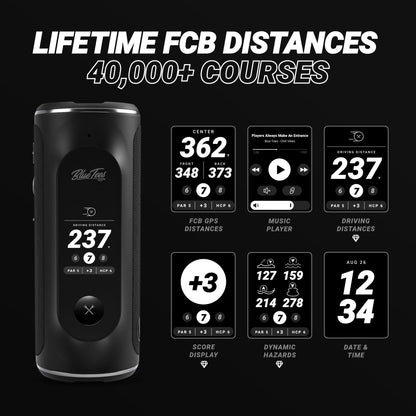 Blue Tees Golf Player+ GPS Speaker with Touch Screen Display, 10+ Hours Battery, 40,000+ Courses, Visual + Audible Distance, Hazard Distance - IPX7 Waterproof (Navy)
