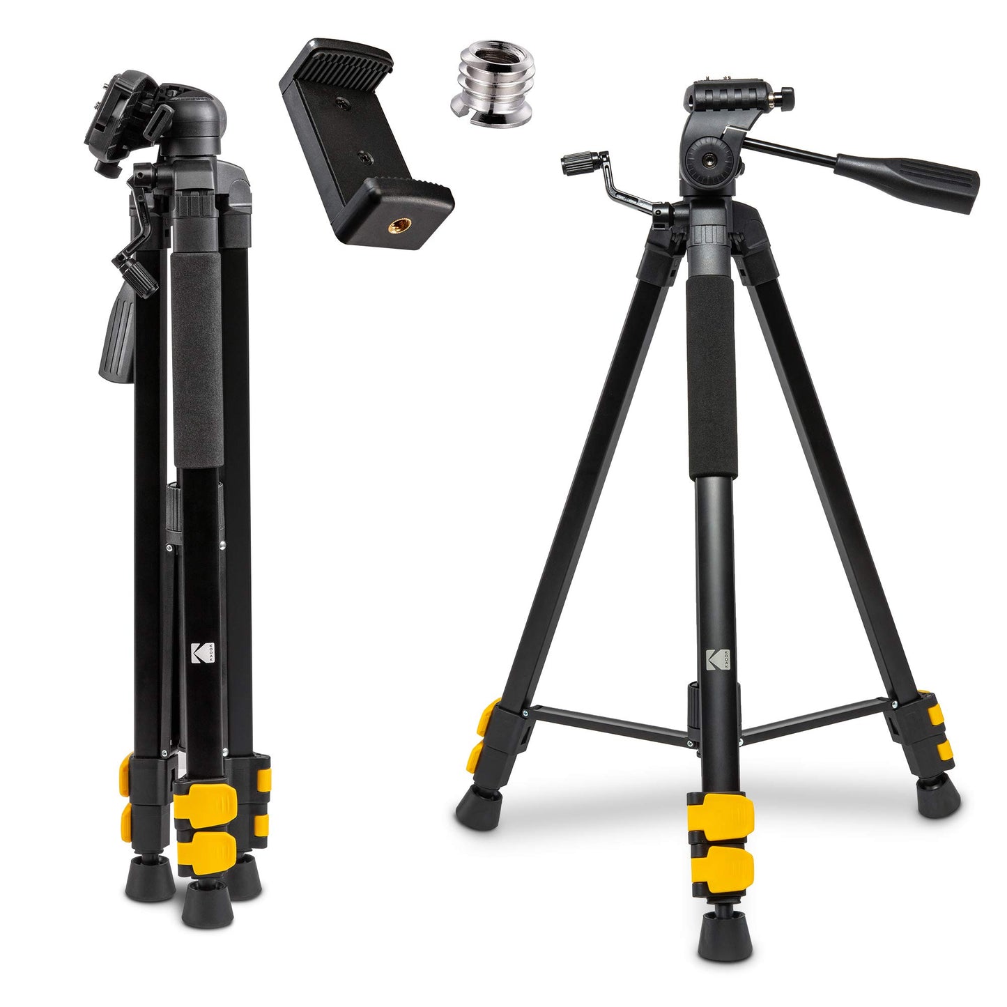 KODAK PhotoGear 62" Lightweight Tripod | Compact 3-Section Flip-Lock Aluminum Tripod Adjusts 22”-62”, QuickRelease Plate, Smartphone Adapter & 1/4” to 3/8” Screw, Bubble Level, Carry Case, E-Guide