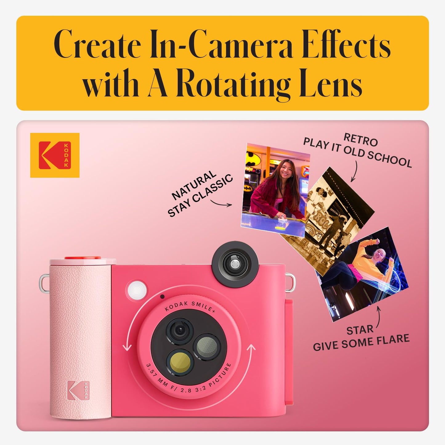 KODAK Smile+ 2-in-1 Digital Instant Print Camera & Wireless Bluetooth Photo Printer - 10MP, Special-Effect Rotating Lens, Zink 2x3” Sticky-Back Photos, Print via Fun App from Smart Devices - Fuchsia