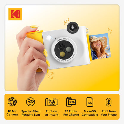 KODAK Smile+ 2-in-1 Digital Instant Print Camera & Wireless Bluetooth Photo Printer - 10MP, Special-Effect Rotating Lens, Zink 2x3” Sticky-Back Photos, Print via Fun App from Smart Devices - White