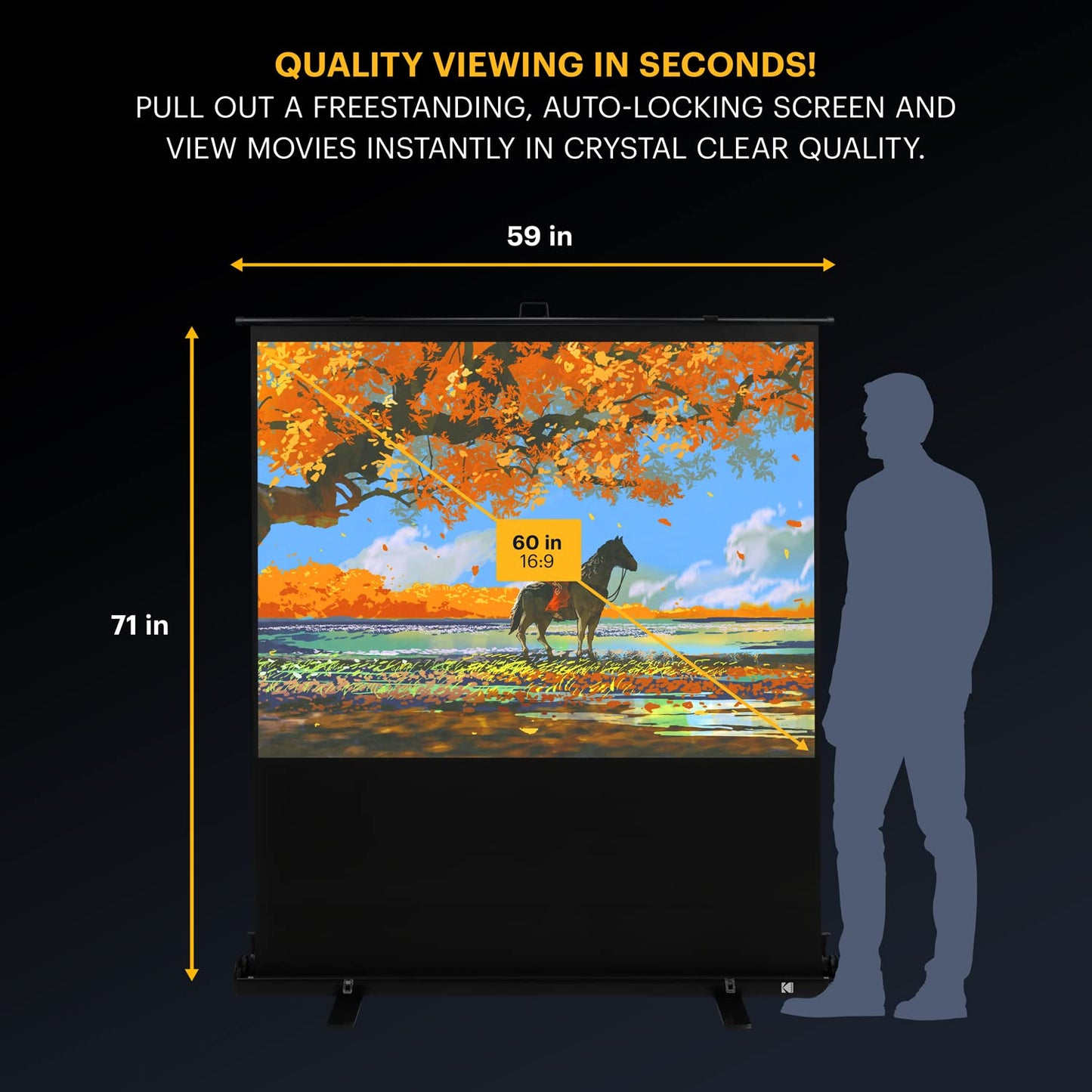 KODAK Portable Projector Screen | 60” Indoor & Outdoor 16:9 Video Projection Surface & Stand with Carry Handle | 1080p, 4K/8K UHD, 3D & HDR Ready | Fast Setup for Movies, Office Presentations & More
