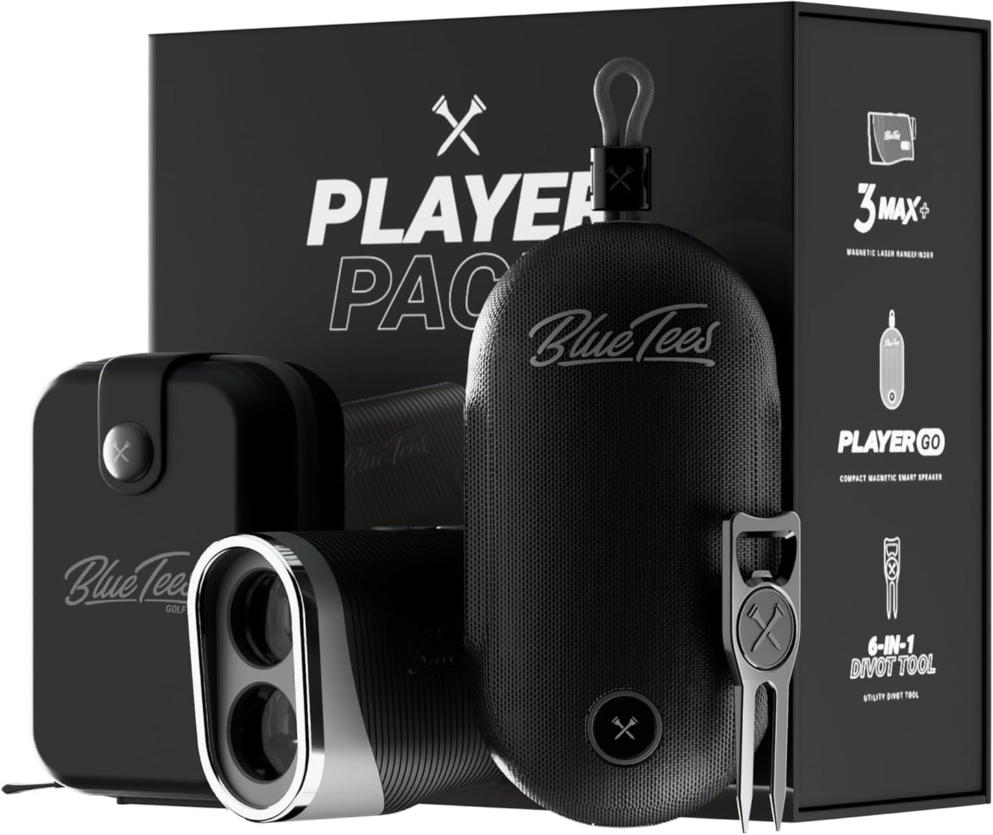 Blue Tees Golf Player Pack GO Bundle - Series 3 Max+ Rangefinder with Premium Case, The Player GO GPS Equipped Magnetic Speaker & Premium 6-in-1 Utility Divot Tool - The Complete Golf Bundle