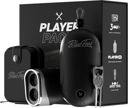 Blue Tees Golf Player Pack GO Bundle - Series 3 Max+ Rangefinder with Premium Case, The Player GO GPS Equipped Magnetic Speaker & Premium 6-in-1 Utility Divot Tool - The Complete Golf Bundle