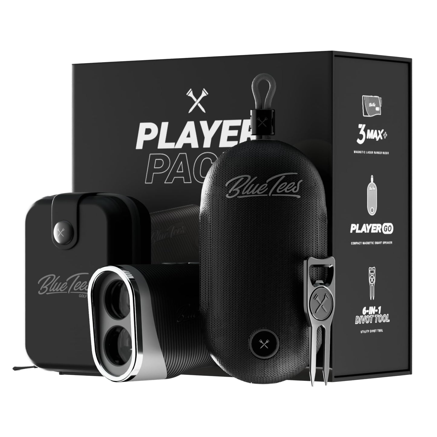 Blue Tees Golf Player Pack GO Bundle - Series 3 Max+ Rangefinder with Premium Case, The Player GO GPS Equipped Magnetic Speaker & Premium 6-in-1 Utility Divot Tool - The Complete Golf Bundle