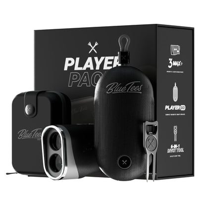 Blue Tees Golf Player Pack GO Bundle - Series 3 Max+ Rangefinder with Premium Case, The Player GO GPS Equipped Magnetic Speaker & Premium 6-in-1 Utility Divot Tool - The Complete Golf Bundle