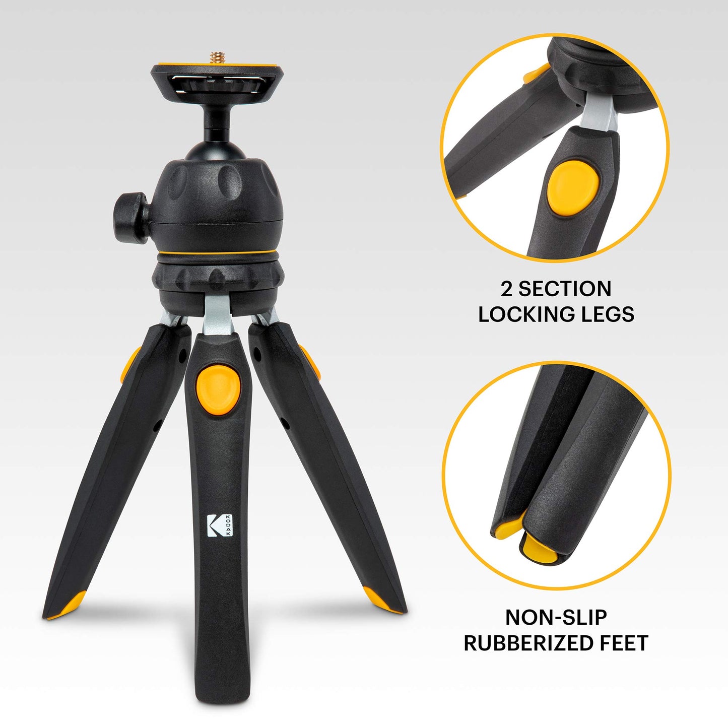 Kodak Mini Tripod for Luma 75, Luma 150, Luma 350 with 360° Ball Head, Adjustable Compact 9” Tabletop Tripod, 5-Position Legs, Rubber Feet, Smartphone & Action Camera Adapters Included