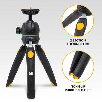 Kodak Mini Tripod for Luma 75, Luma 150, Luma 350 with 360° Ball Head, Adjustable Compact 9” Tabletop Tripod, 5-Position Legs, Rubber Feet, Smartphone & Action Camera Adapters Included