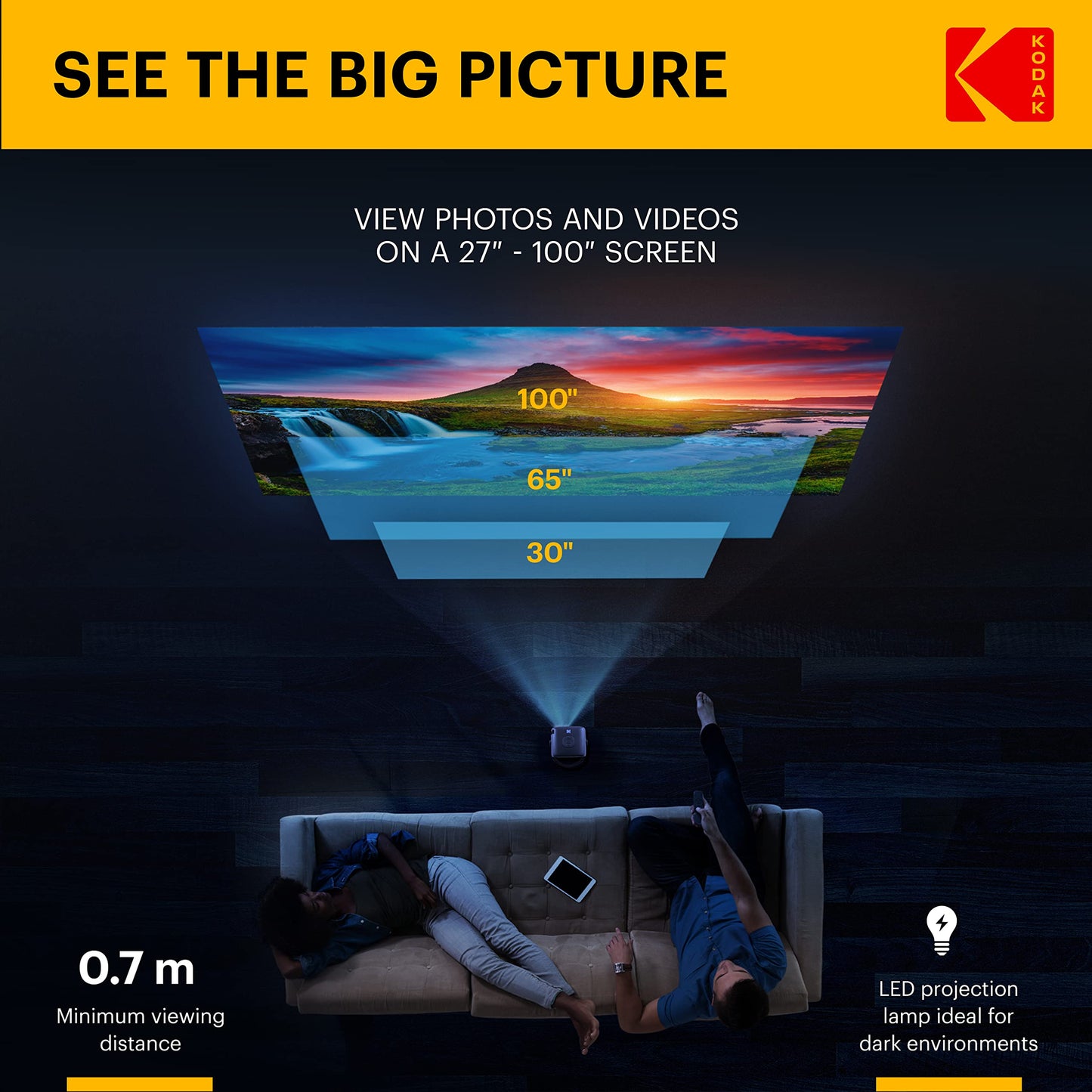 KODAK FLIK X2 Mini Pico Projector | Portable 100” Projector with Remote Control, Speakers & Carry Handle Plays Movies, TV & Games | Compatible with HDMI, USB, AV, MicroSD, Smartphone, Firestick, Black