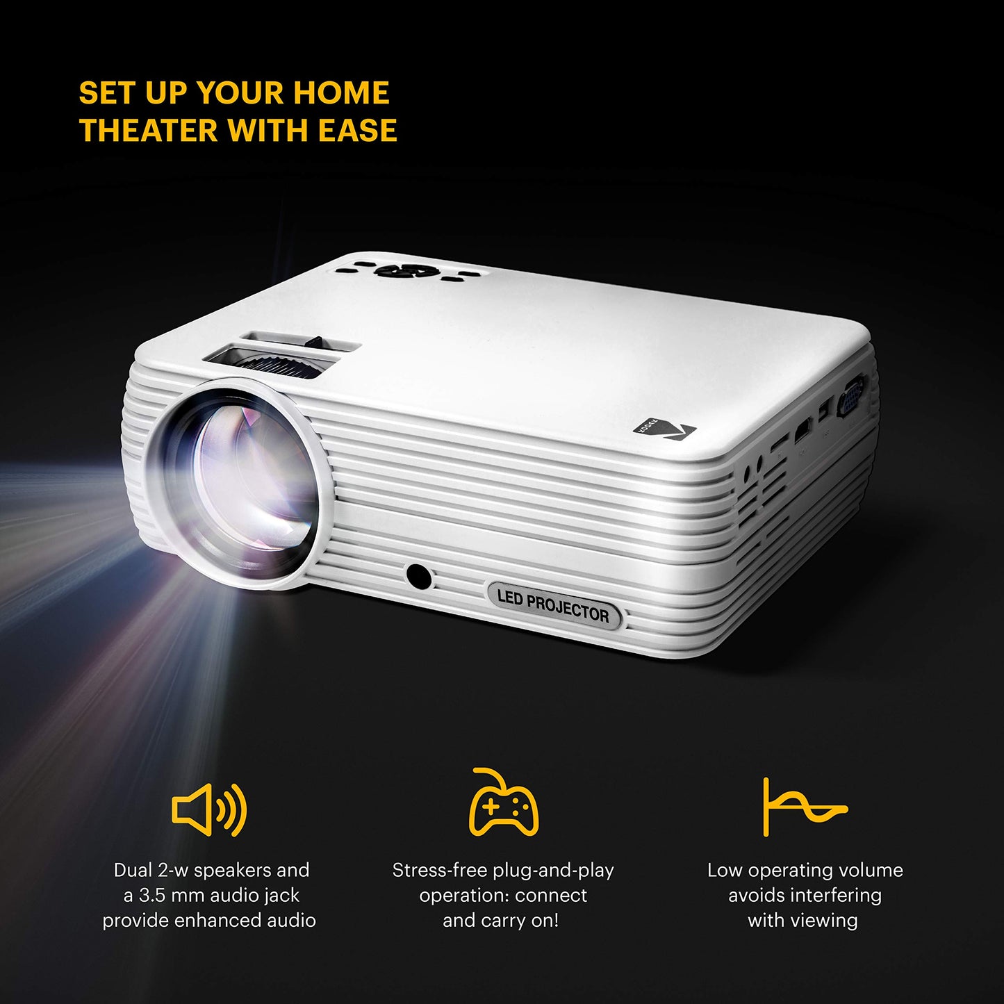 KODAK FLIK X7 Home Projector (Max 1080p HD) with Tripod, & Case Included | Compact, Projects Up to 150” with 720p Native Resolution & 30,000 Hour, Lumen LED Lamp| AV, VGA, HDMI & USB Compatible