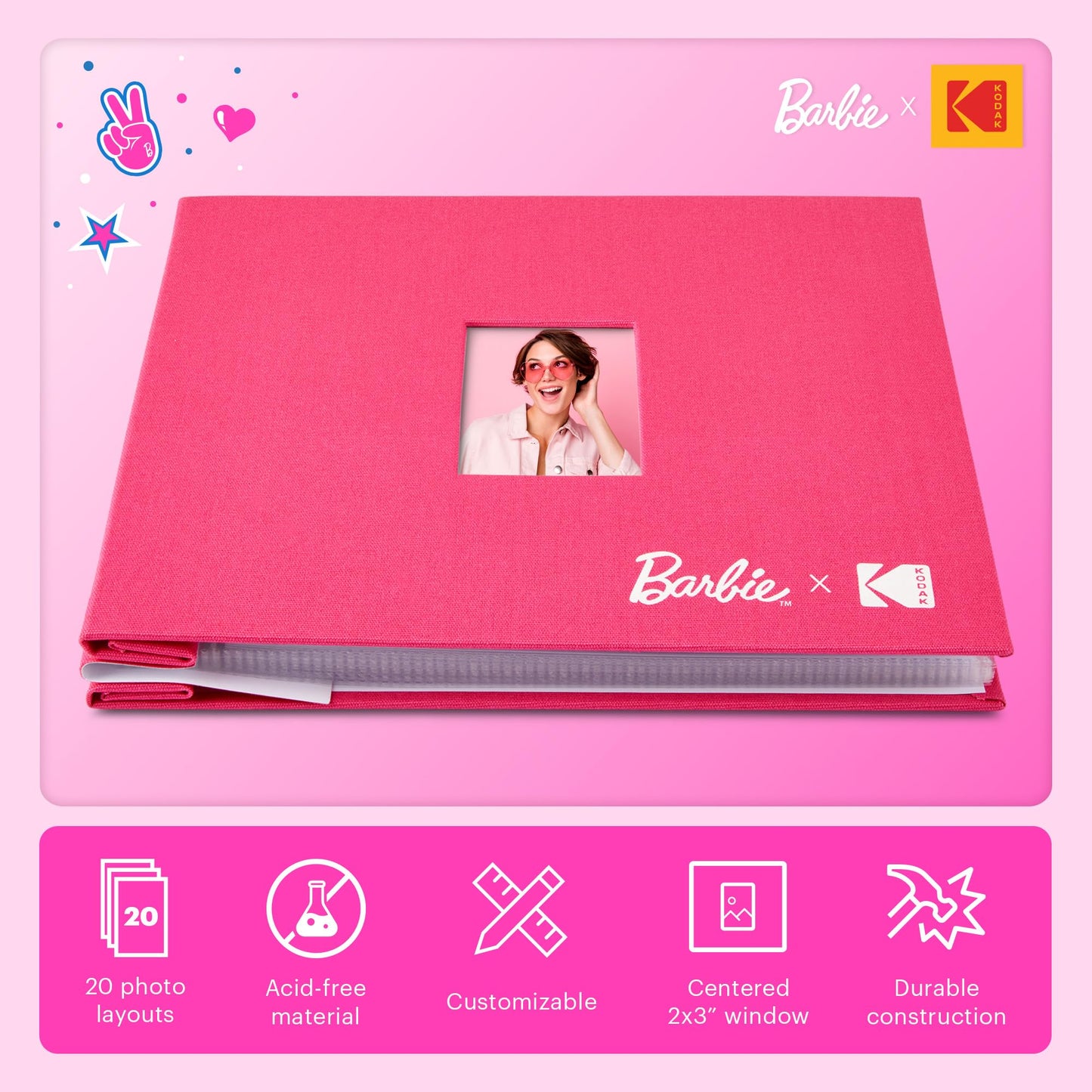 KODAK x Barbie Pink 8x8” Cloth Covered Scrapbook Photo Album with Front Picture Window for Barbie Instant 2x3” ZINK Zero Ink Photo Paper Projects