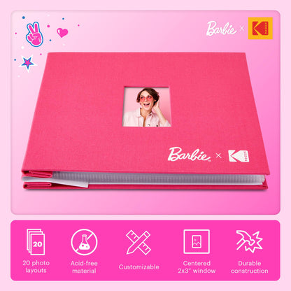 KODAK x Barbie Pink 8x8” Cloth Covered Scrapbook Photo Album with Front Picture Window for Barbie Instant 2x3” ZINK Zero Ink Photo Paper Projects