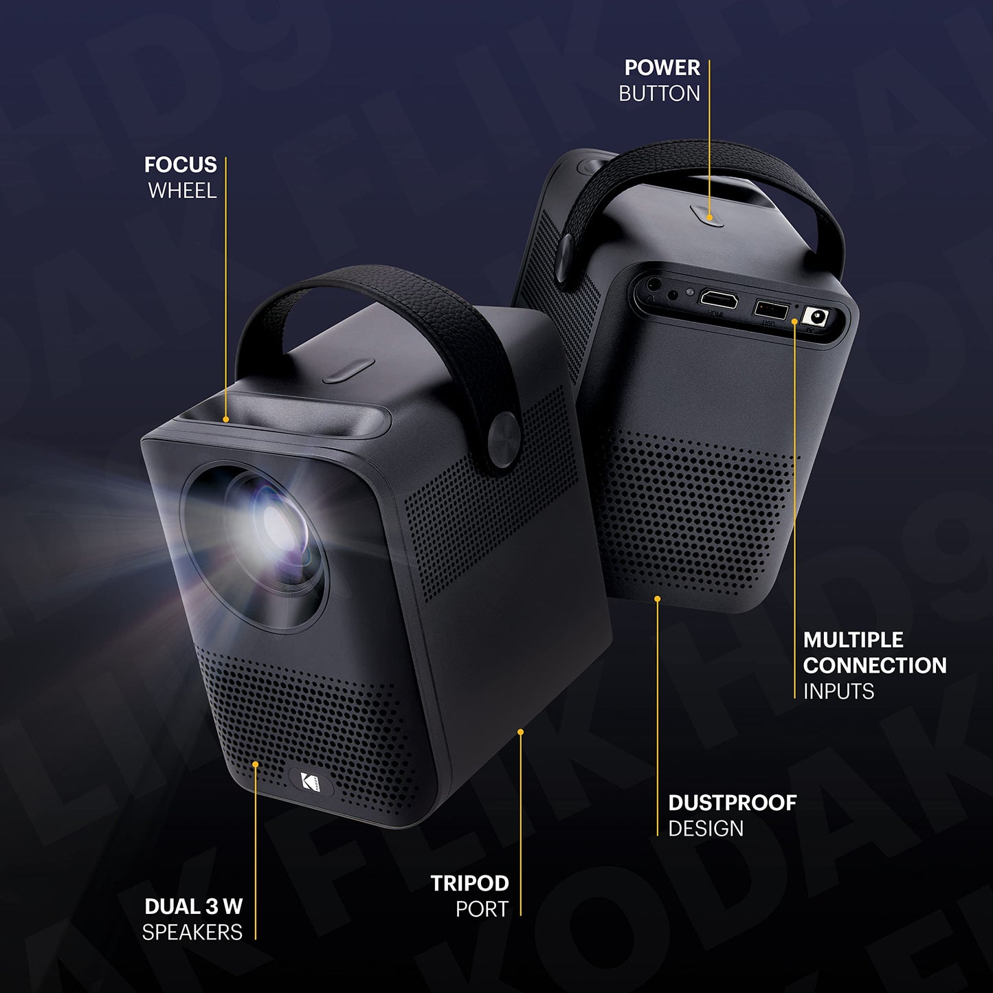 KODAK FLIK HD9 Smart Projector | Mini Black Portable Indoor & Outdoor Movie with Android TV Streaming Apps, Wi-Fi and Bluetooth, Built-In Speakers & Voice Remote | FHD 1080p for Screens Up to 120”