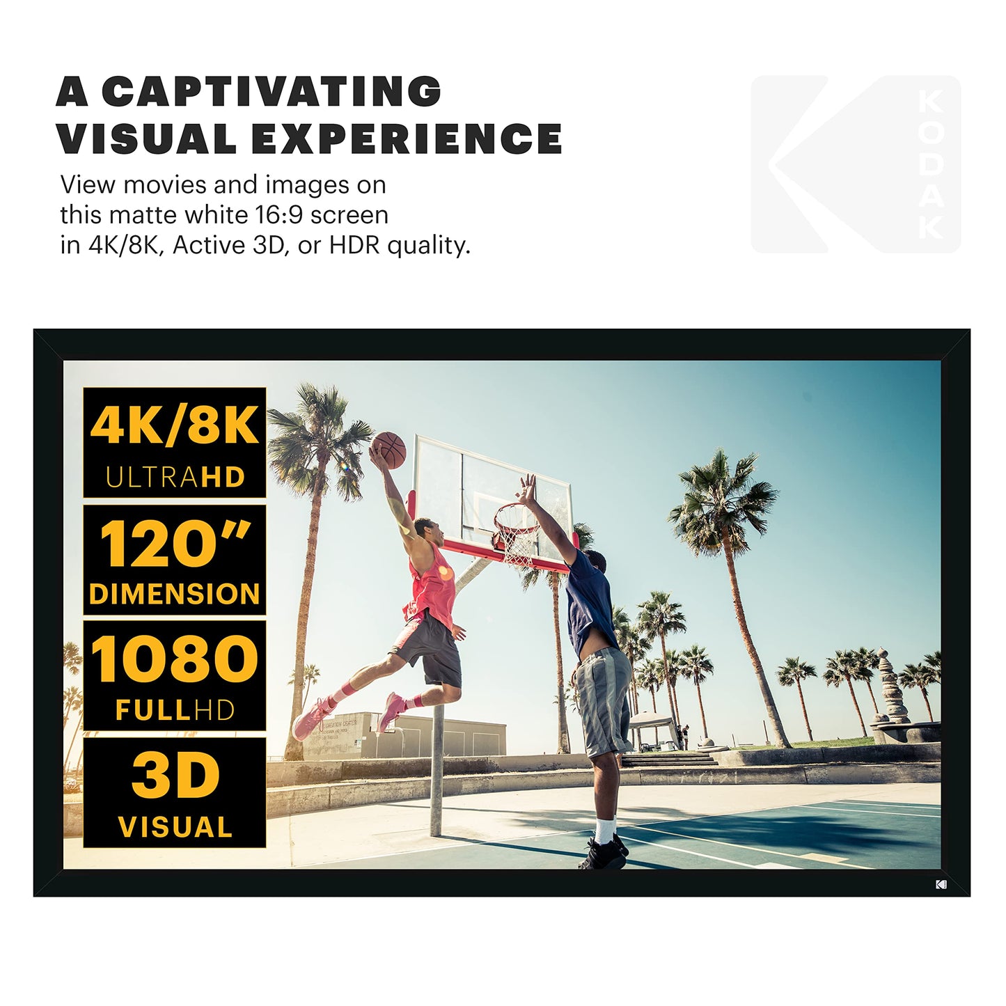 KODAK Projector Screen | 120” Fixed Frame Home Projection Screen with Black Velvet Frame, Durable PVC & Wall Mount Kit | 160° View Angle, 16:9, 1.1, Full HD 4K 8K & Active 3D Ready for Movies & Gaming