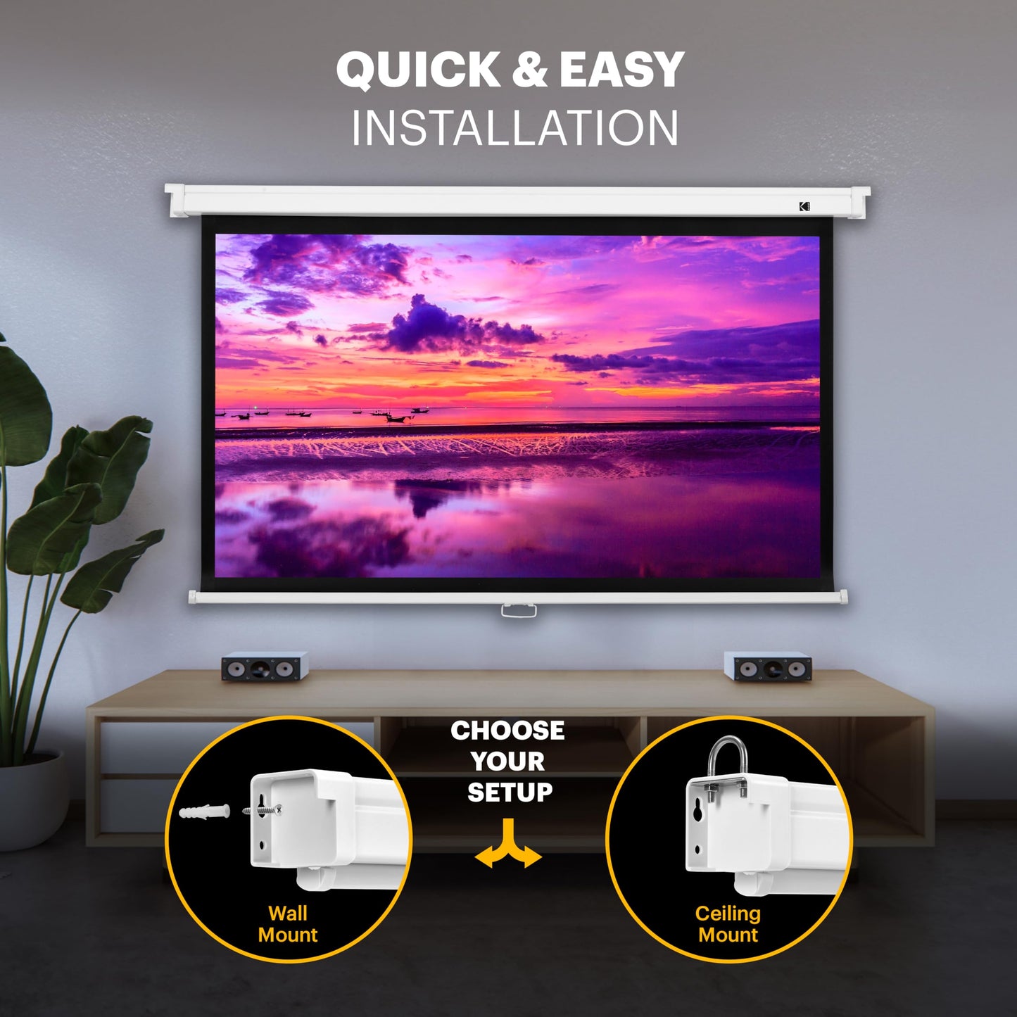 KODAK Manual Pull-Down White Projector Screen 80" Inch | Large 16:9 Office, Home Movie Theater Screen with Wall & Ceiling Mount Options, Easy-Clean Matte Fabric & Retractable Hanging Design | Indoor.