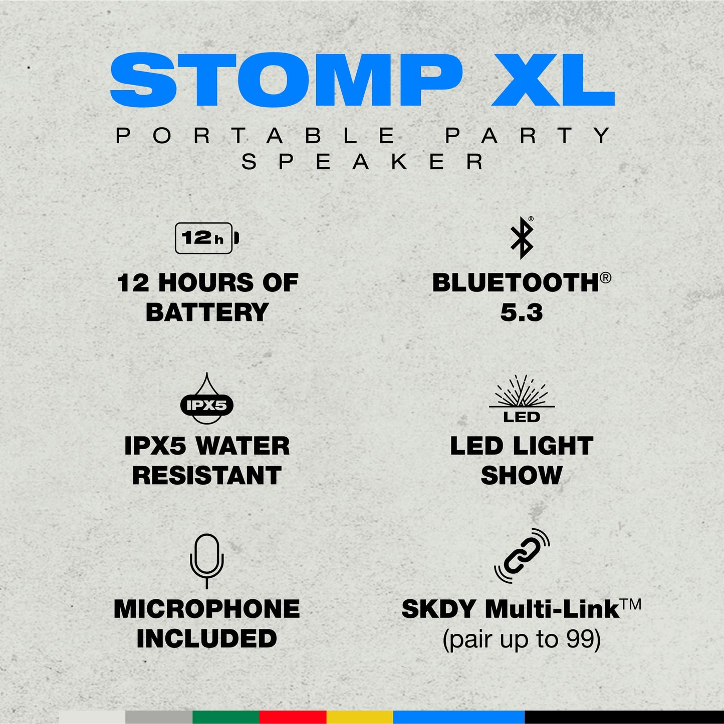 Skullcandy Stomp Bluetooth Speaker - IPX7 Waterproof Wireless Portable Speaker, with LED Lightshow & Strobe Modes, 12 Hour Battery, Multi-Link, & USB-C & USB-A Output Charging (Stomp XL, Black)