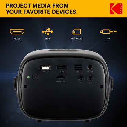 KODAK FLIK X2 Mini Pico Projector | Portable 100” Projector with Remote Control, Speakers & Carry Handle Plays Movies, TV & Games | Compatible with HDMI, USB, AV, MicroSD, Smartphone, Firestick, Black