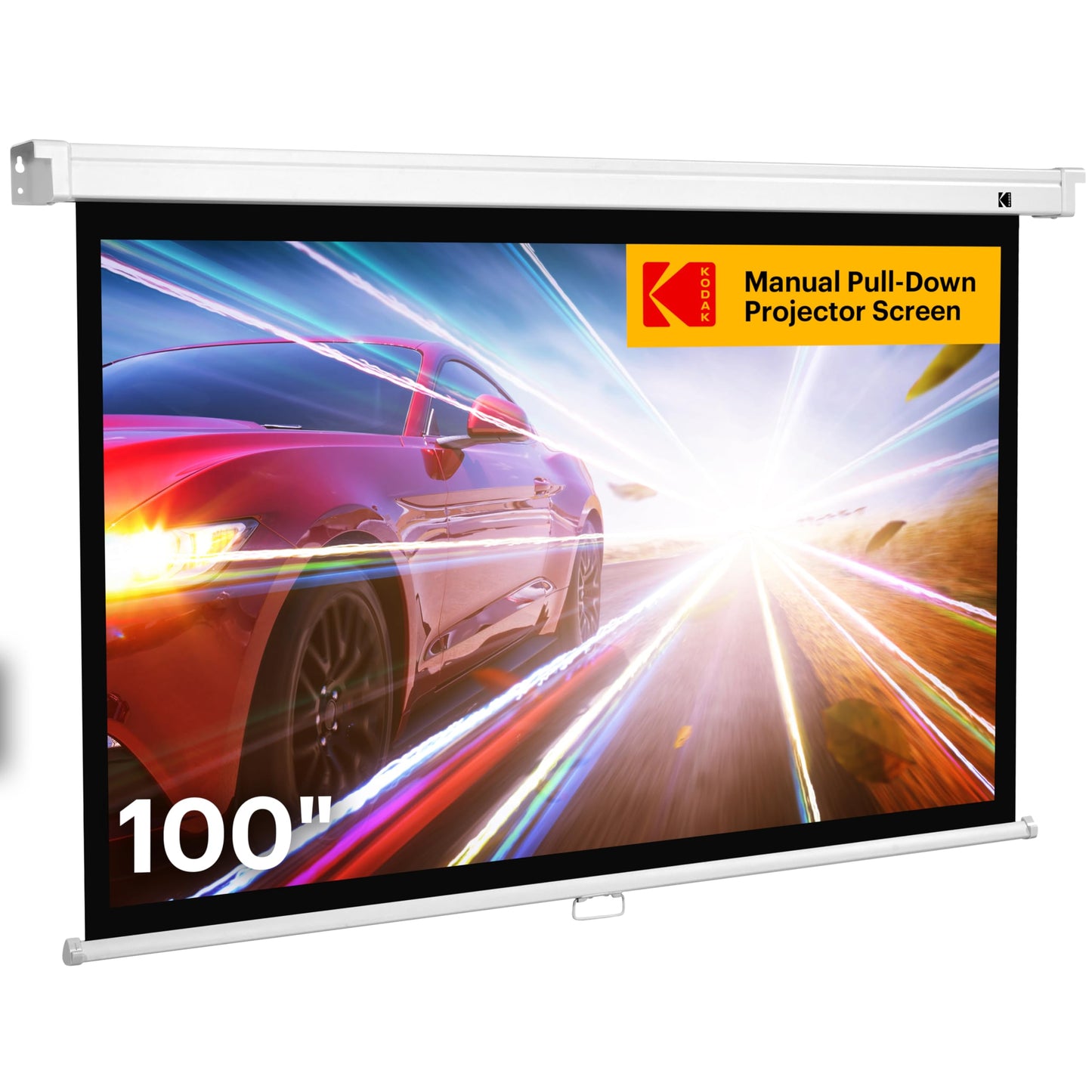 KODAK Manual Pull-Down White Projector Screen 100" Inch | Large 16:9 Office, Home Movie Theater Screen with Wall & Ceiling Mount Options, Easy-Clean Matte Fabric & Retractable Hanging Design | Indoor.