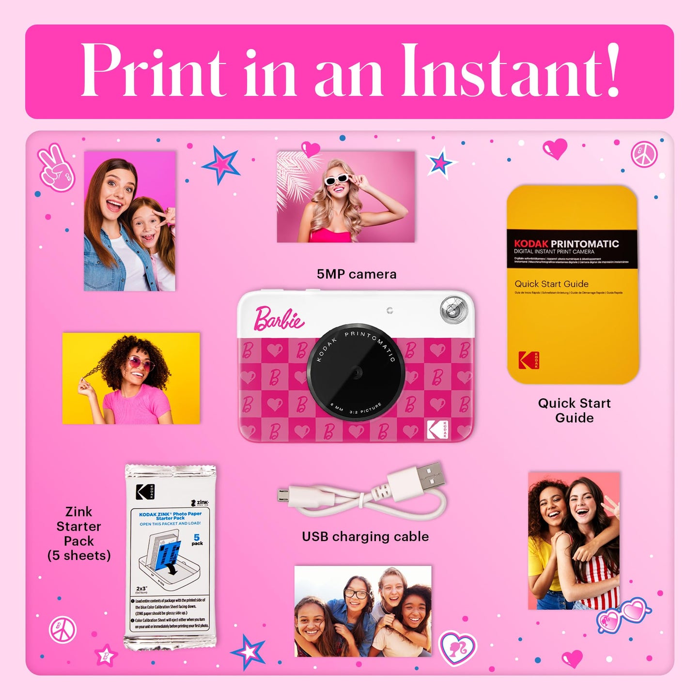 Kodak x Barbie Printomatic Full-Color Instant Print Digital Camera - 5MP Portable Barbie Camera - Colorful Photos On Zink 2x3 Sticky-Back Photo Paper - Fun Gift for Christmas Holiday - Iconic Style