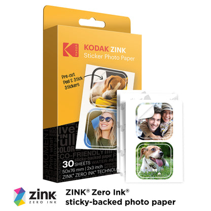Zink KODAK 2”x3” Premium Pre-Cut Sticker Photo Paper (30 Sheets) Compatible with All KODAK 2x3” Instant Print Products - Except Printomatic