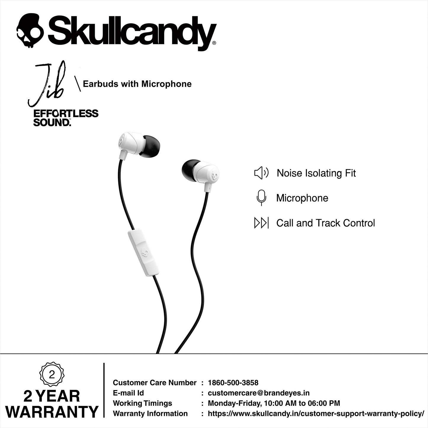 Skullcandy Jib Wired Earbuds with 3.5mm Plug, Noise Isolating Fit, Built-in Microphone Call and Track Control, Convenient for Travel - White