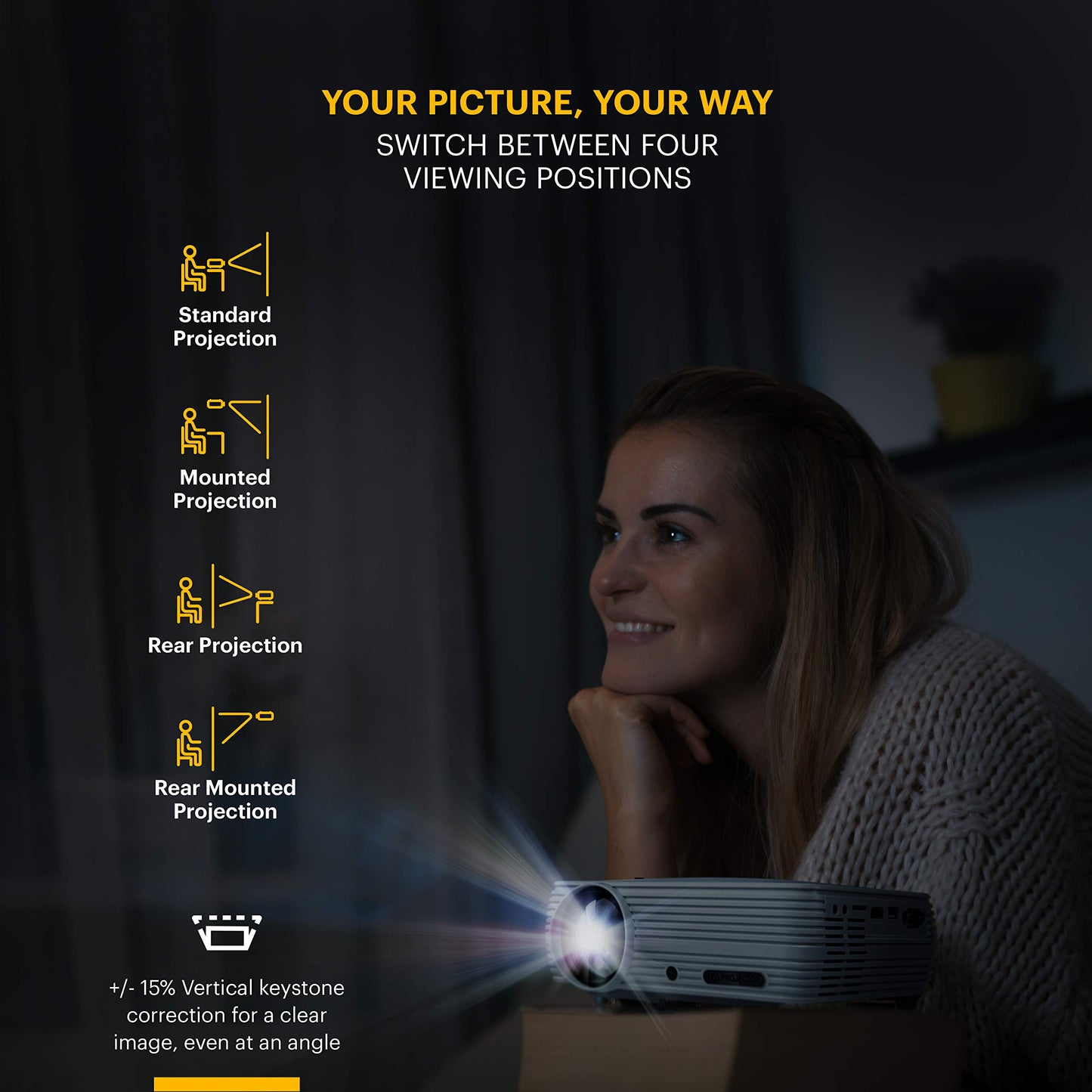 KODAK FLIK X4 Home Projector | 4.0 LCD Compact Home Theater System Projects Up to 150” with 1080p Compatibility & Bright Lumen LED Lamp | VGA/AV/HDMI/USB/TF Inputs | Remote, Tripod & Carry Case