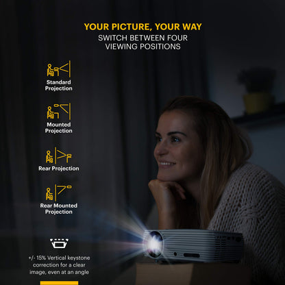 KODAK FLIK X4 Home Projector | 4.0 LCD Compact Home Theater System Projects Up to 150” with 1080p Compatibility & Bright Lumen LED Lamp | VGA/AV/HDMI/USB/TF Inputs | Remote, Tripod & Carry Case